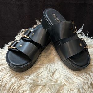 Michael Shannon Black Mules with Gold Buckles Size 9